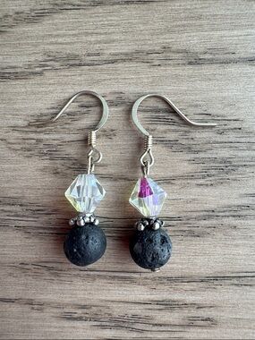 Aromatherapy Swarovski Crystal and Black Lava Stone Dangle Earrings